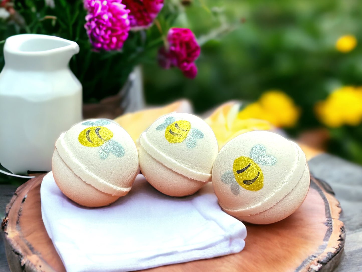 Bath bomb made with powdered buttermilk and Shea butter.