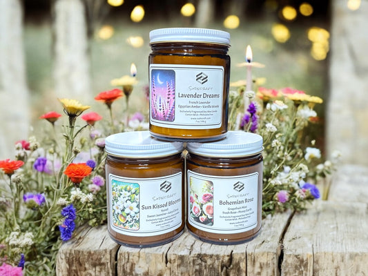 Custom blended floral fragrance Soy Candles. Phthalate free fragrance. Amber jars.