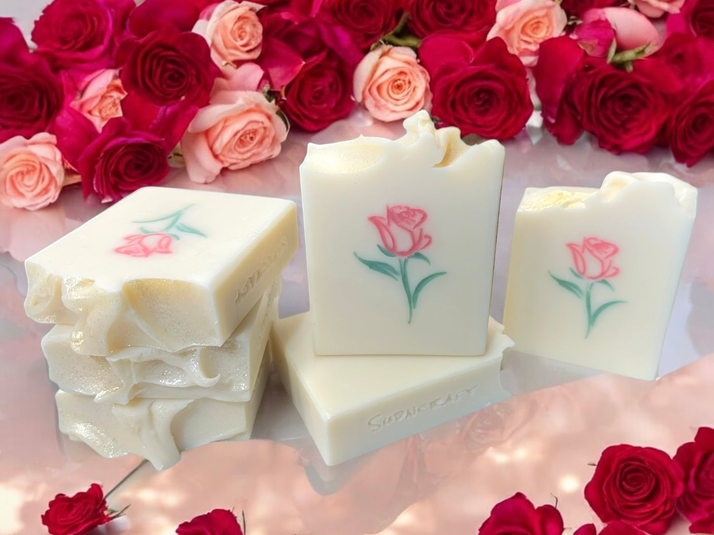 Handcrafted Fresh Rose Soap Bar with a light floral scent. Gently cleanses, softens skin, and adds a touch of everyday luxury. Phthalate-free & handmade.