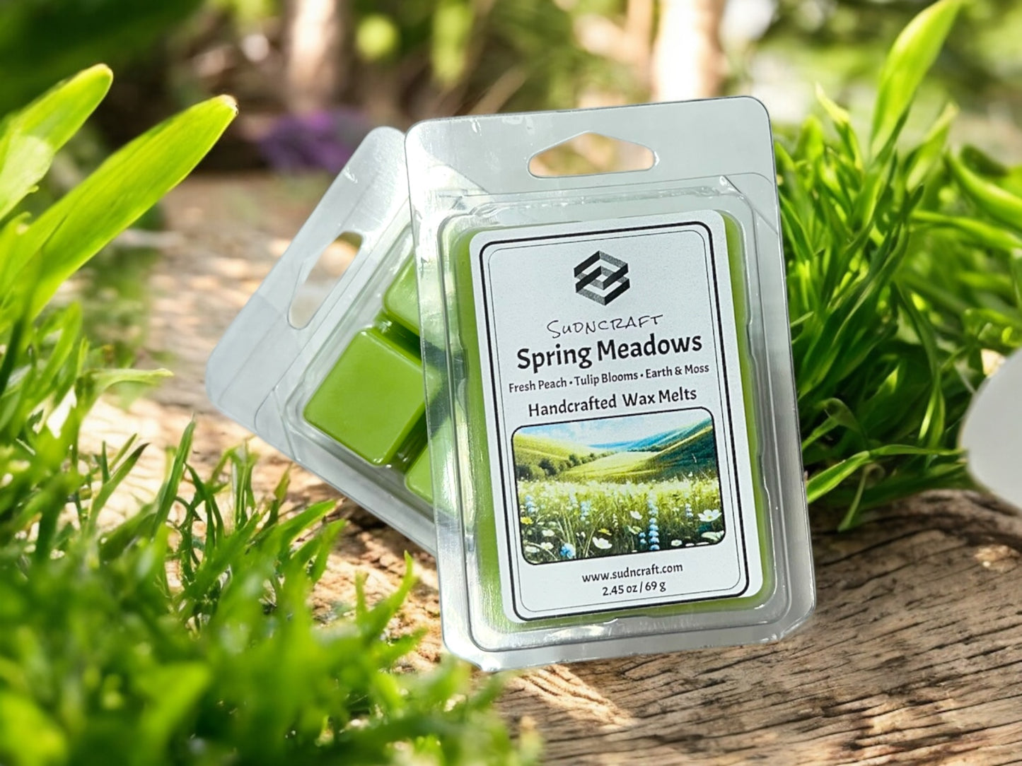 Spring Meadows – is a custom blend of Fresh peach, tulip blooms & mossy earth for a crisp, green floral scent
