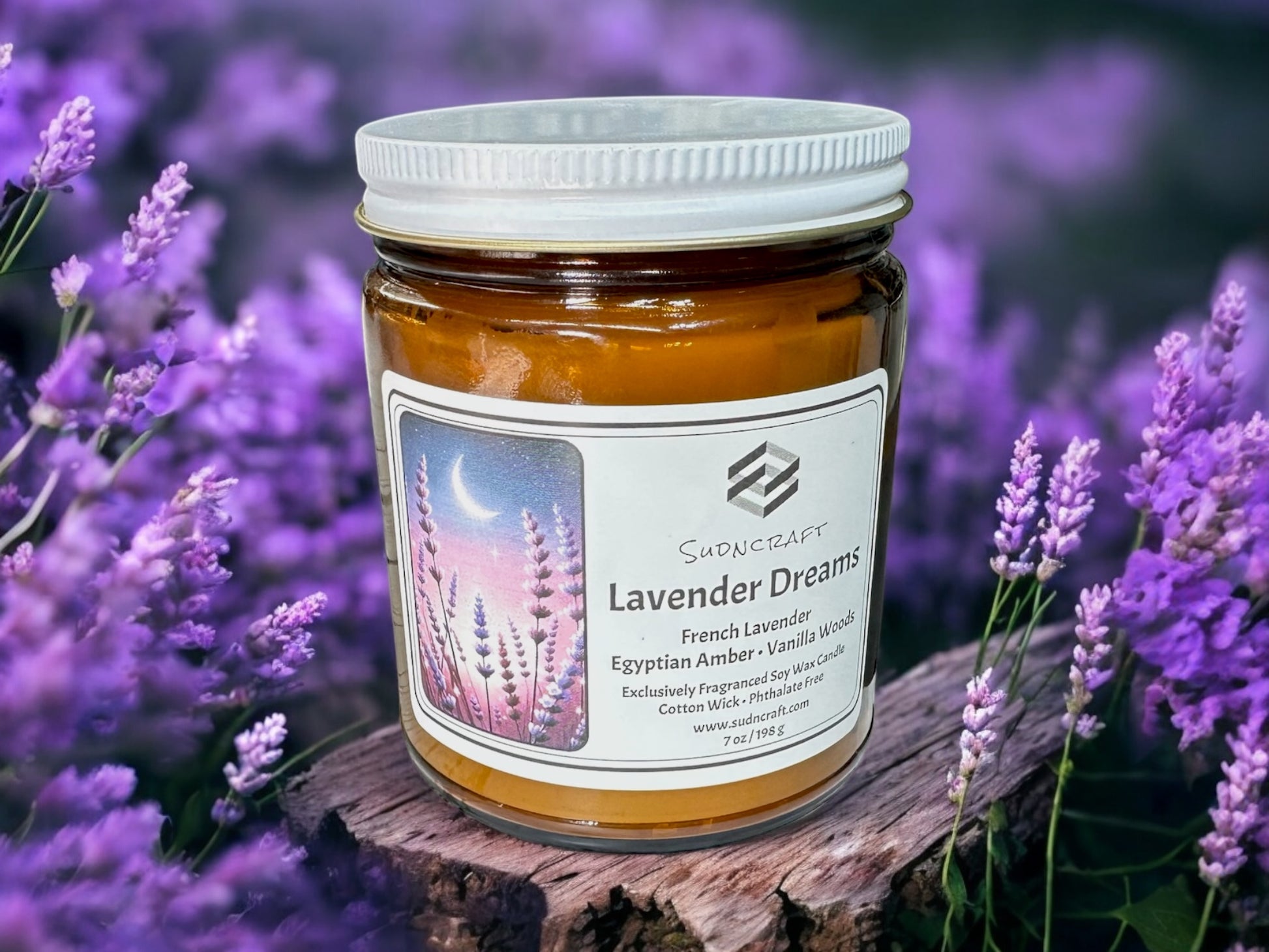 Custom fragrance blend of French lavender, Egyptian amber & vanilla woods for deep relaxation
