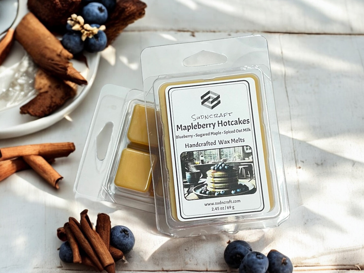 Handmade soy wax melts with bakery-inspired scents. Blueberry Pancakes, Blue Berry Waffles.