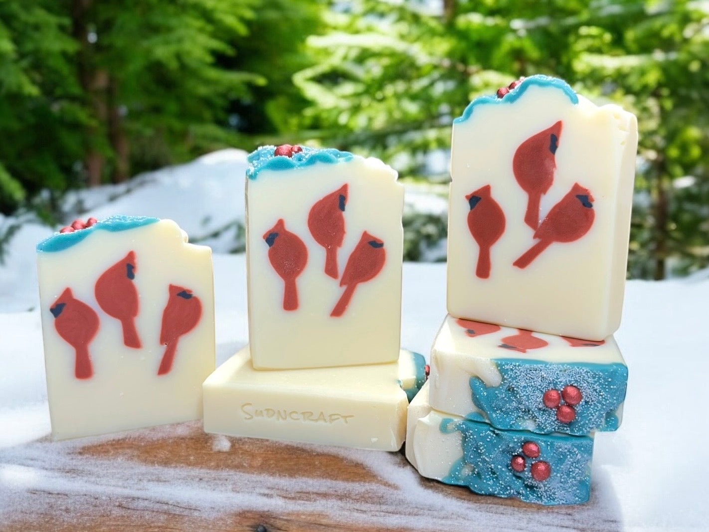 Handcrafted holiday soap bar for handmade gifts for bird enthusiasts.