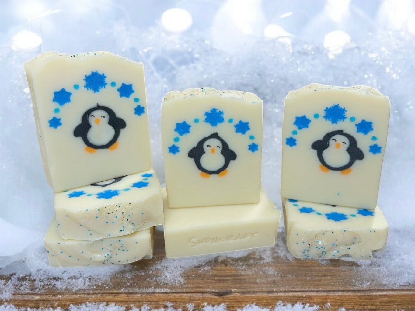 Arctic Winter Soap Bar with penguins and snowflakes,