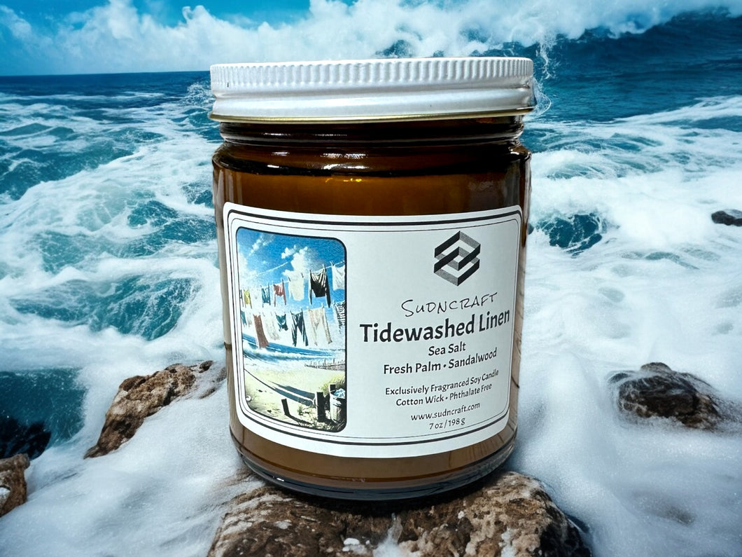 Ocean breeze and tropical scented candles. Natural earthy beach fragrance meets fresh linen.